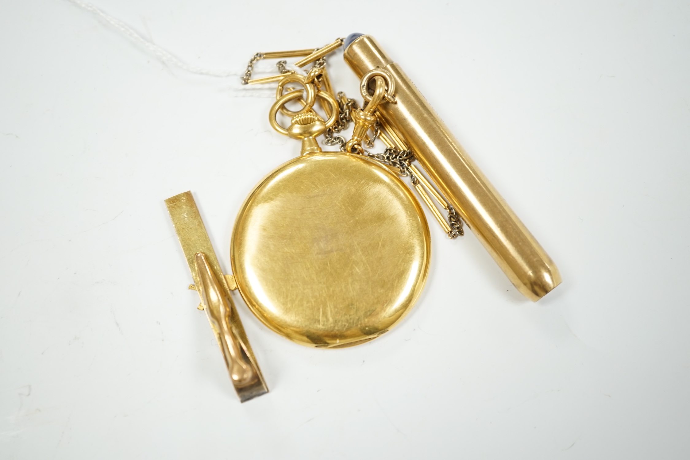 An 18k Longines keyless dress pocket watch, lacking glass, with Arabic dial and subsidiary seconds, on an 18ct albert, 40cm, gross weight 61.7 grams, hung with an 9ct gold cased pencil holder, with cabochon set terminal,